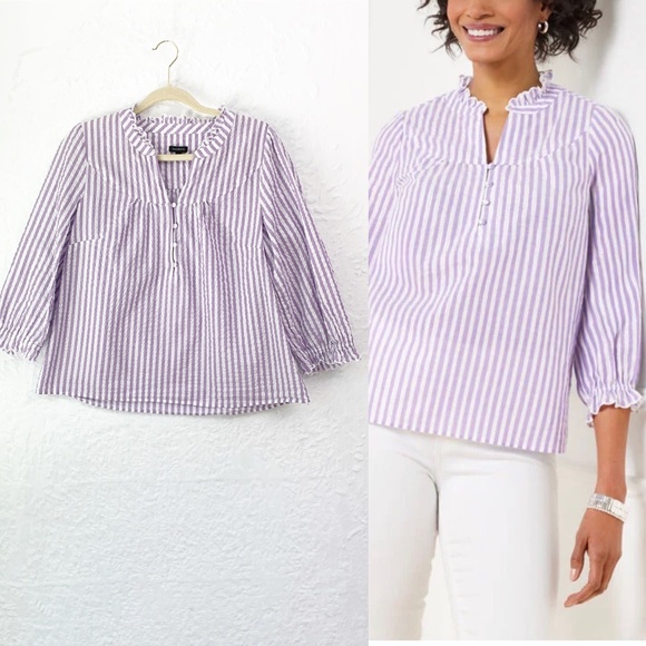 Talbots Tops - Talbots Charming Stripe Seersucker Popover Top in Deep Lavender Metallic Sz L